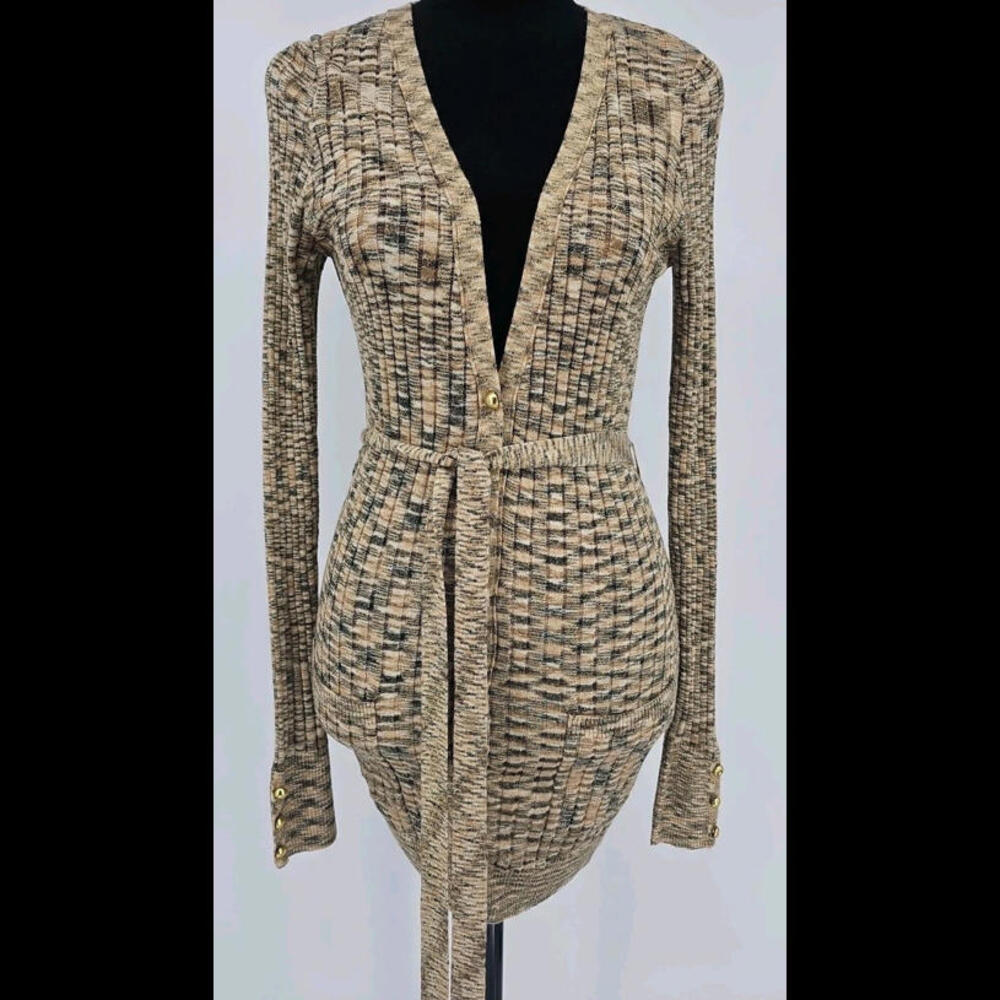 Vintage Cache‎ Gold Striped Long Belted Cardigan Sweater sz M